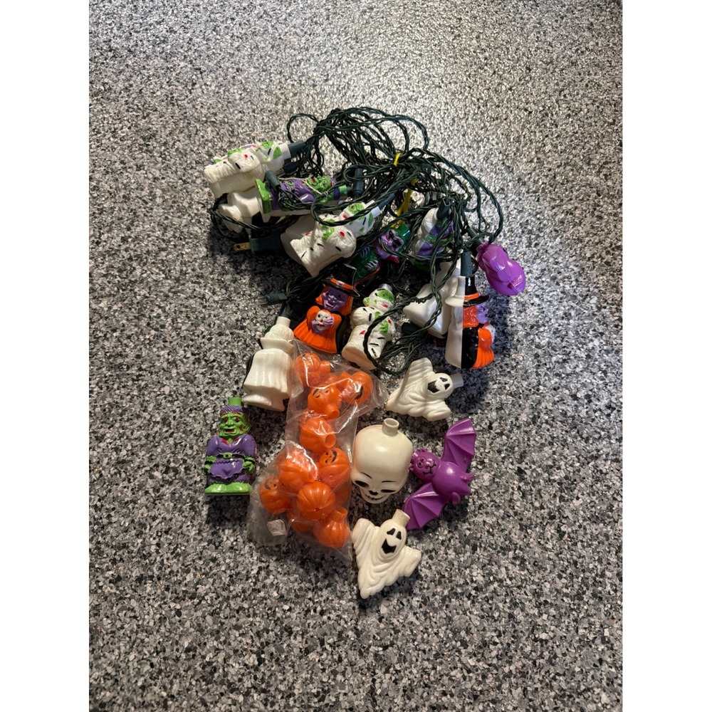 Vintage Halloween Blow Mold String Lights Lot Witch Ghost Mummy Frankenstein Bat